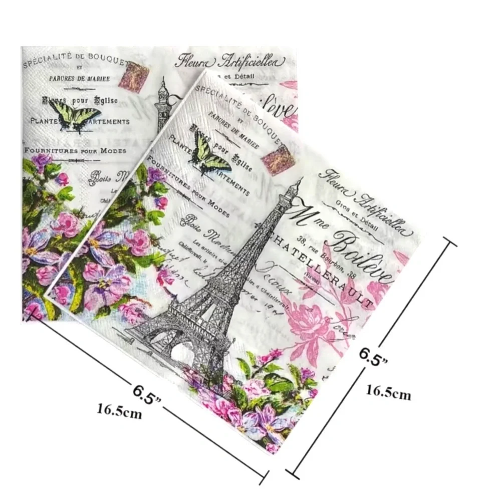 Set of Two (2) Individual Parisian Floral Script Decoupage Luncheon Size Napkins